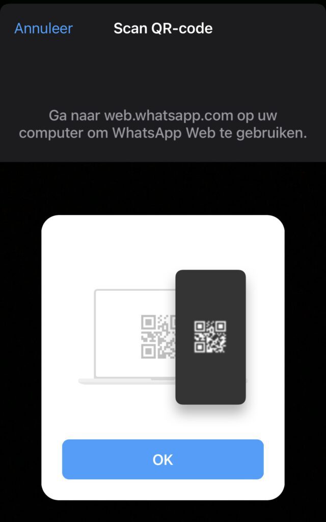 Screenshot van WhatsApp app om desktop omgeving te scannen voor QR-code.