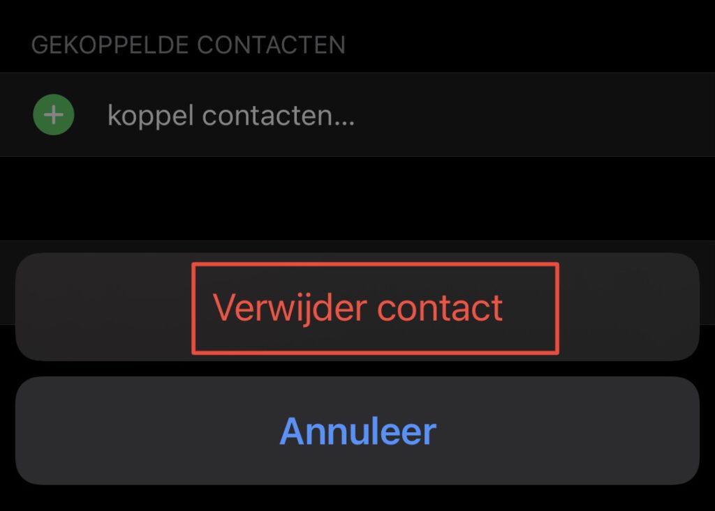 Screenshot met bevestiging voor verwijderen contact.